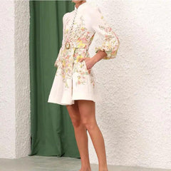 Stand Collar Single-breasted Lantern Sleeve Positioning Printing Dress Women - Trendy Mix