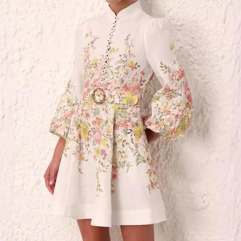 Stand Collar Single-breasted Lantern Sleeve Positioning Printing Dress Women - Trendy Mix