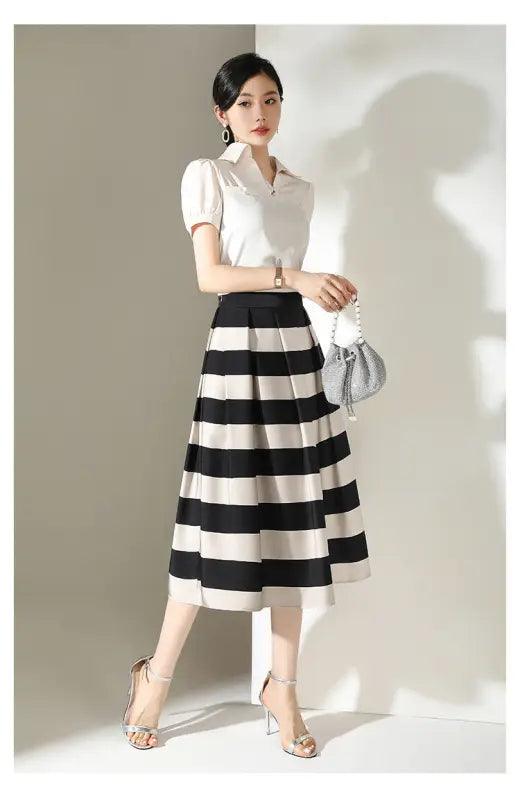 Striped Minimalist Stitching Fashion Pleated A- Line Skirt - Trendy Mix