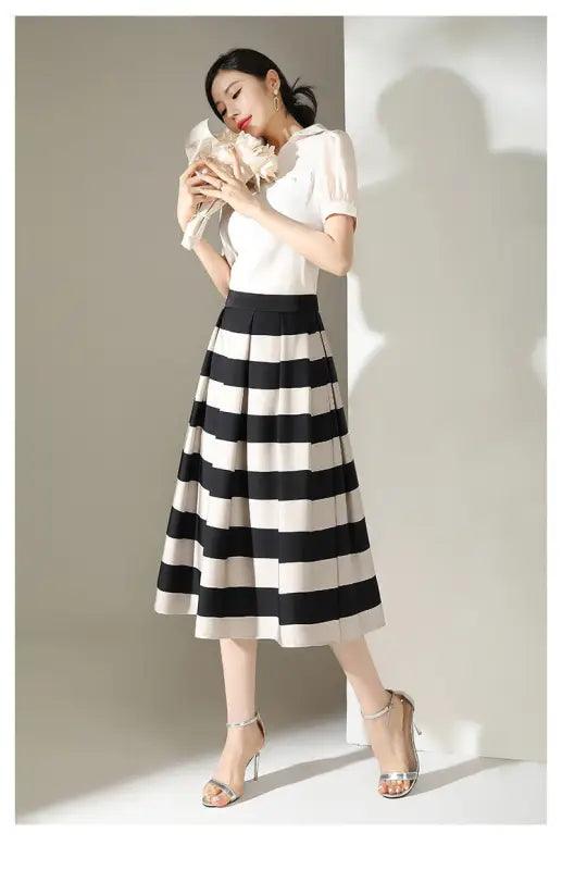 Striped Minimalist Stitching Fashion Pleated A- Line Skirt - Trendy Mix