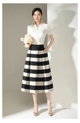 Striped Minimalist Stitching Fashion Pleated A- Line Skirt - Trendy Mix