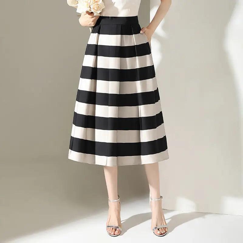 Striped Minimalist Stitching Fashion Pleated A- Line Skirt - Trendy Mix