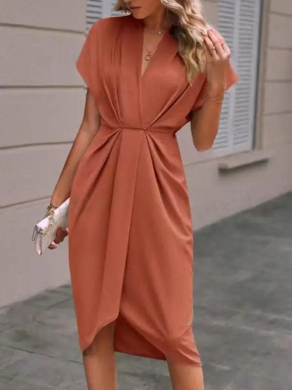 Summer Batwing Sleeve Dress Fashion V-neck Short Sleeve Pleated Dresses Womens Clothing - Trendy Mix