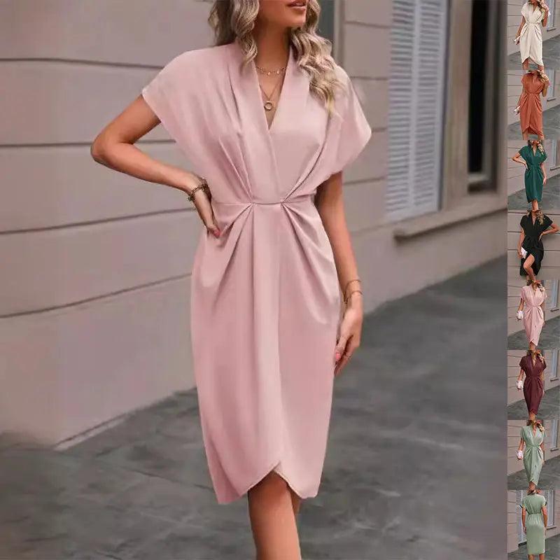 Summer Batwing Sleeve Dress Fashion V-neck Short Sleeve Pleated Dresses Womens Clothing - Trendy Mix