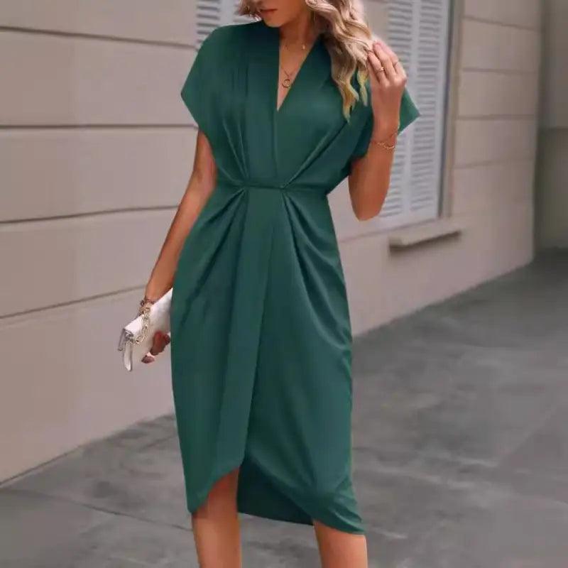 Summer Batwing Sleeve Dress Fashion V-neck Short Sleeve Pleated Dresses Womens Clothing - Trendy Mix