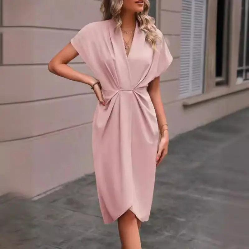 Summer Batwing Sleeve Dress Fashion V-neck Short Sleeve Pleated Dresses Womens Clothing - Trendy Mix