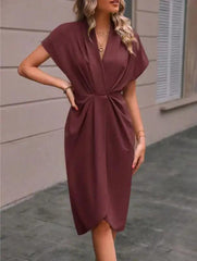 Summer Batwing Sleeve Dress Fashion V-neck Short Sleeve Pleated Dresses Womens Clothing - Trendy Mix