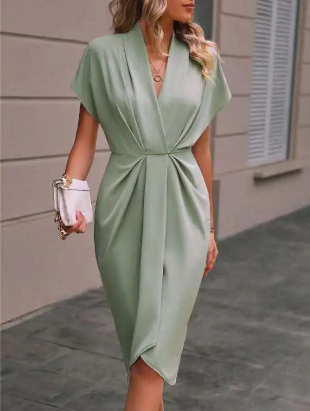 Summer Batwing Sleeve Dress Fashion V-neck Short Sleeve Pleated Dresses Womens Clothing - Trendy Mix