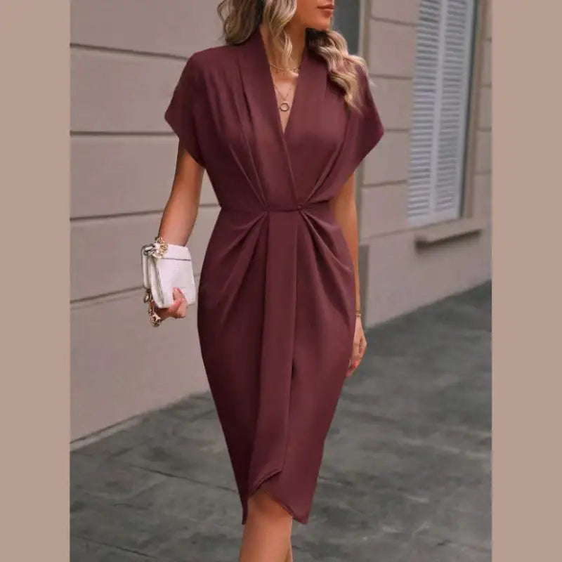 Summer Batwing Sleeve Dress Fashion V-neck Short Sleeve Pleated Dresses Womens Clothing - Trendy Mix