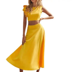 Summer Long Dress Sets Women Two Piece Set Holiday Sexy Tops And Yellow Skirt Suit Boho Off Shoulder Dress Vestido De Mujer - Trendy Mix