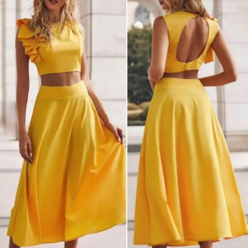 Summer Long Dress Sets Women Two Piece Set Holiday Sexy Tops And Yellow Skirt Suit Boho Off Shoulder Dress Vestido De Mujer - Trendy Mix