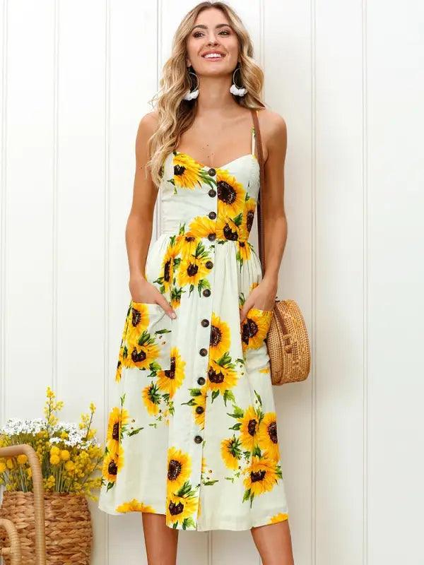 Sun-kissed Sunflower Midi Dress - Trendy Mix