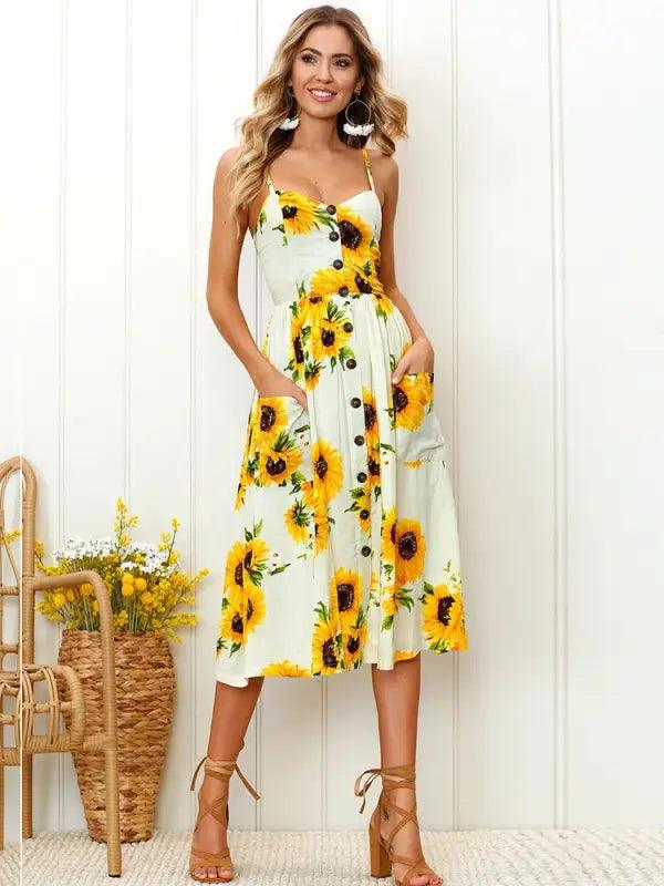 Sun-kissed Sunflower Midi Dress - Trendy Mix