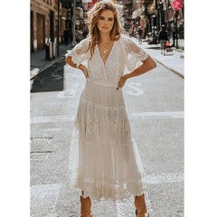 V-neck Short Sleeve Lace Dress Women’s Clothing - Trendy Mix