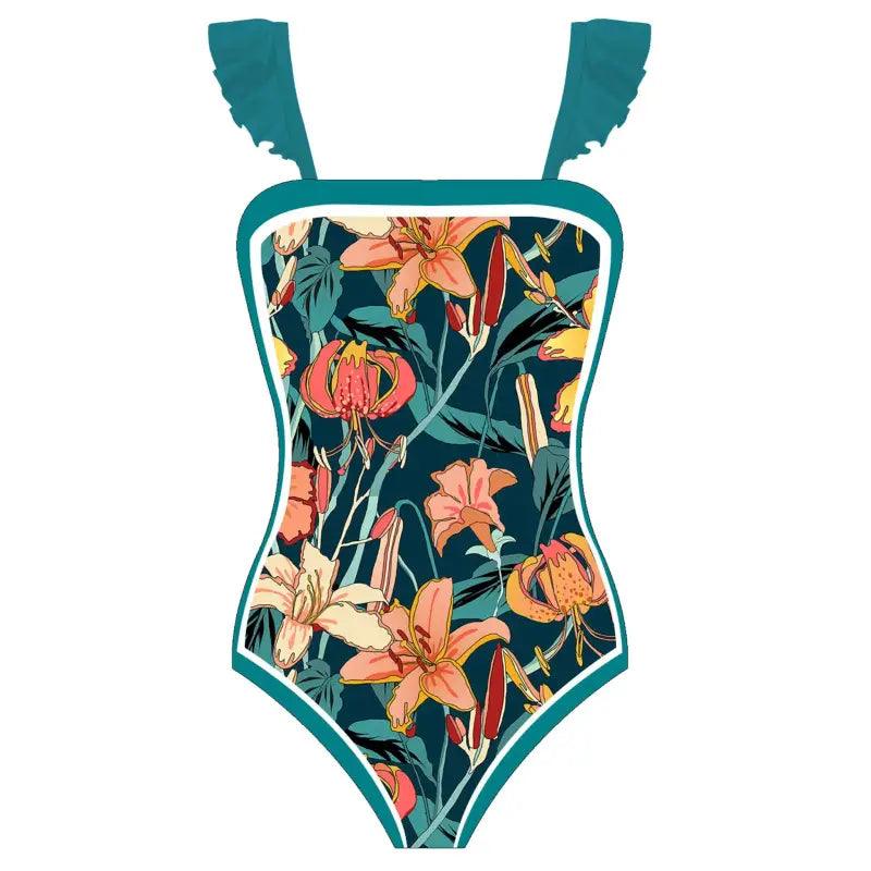 Bohemian Floral High Waist One Piece Swimsuit for Women - Designer Swimwear - Trendy Mix