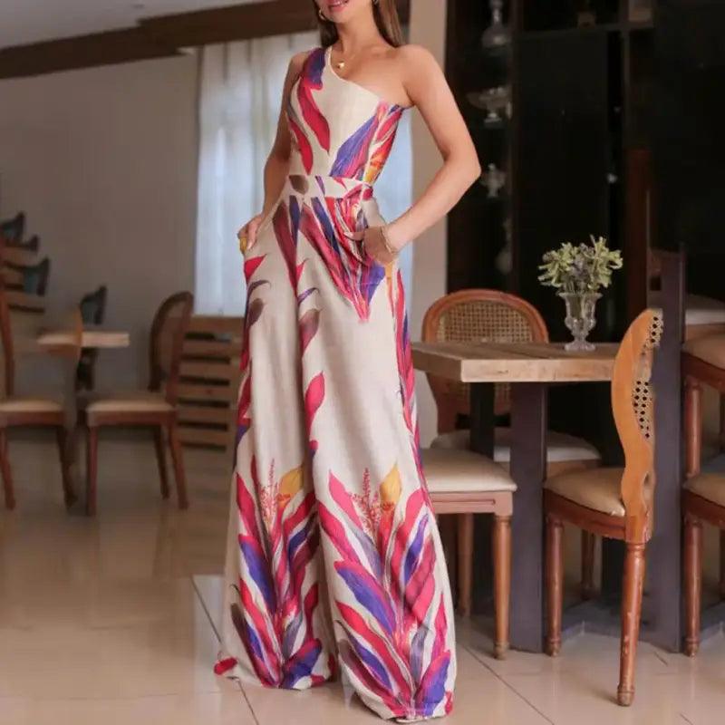 Chic Floral One-Shoulder Sleeveless Jumpsuit for Women - Trendy Mix