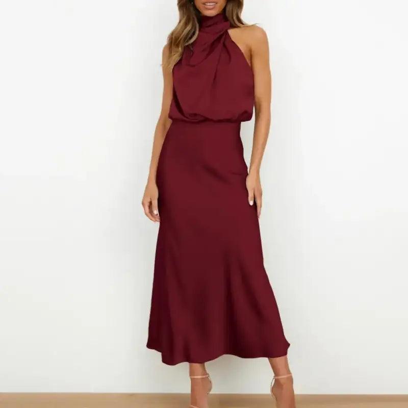 Women Gown Dress Halter Sleeveless Gown Dress Off Shoulder Waist Tight Hip Wrapped Loose Hem Smooth Satin Party Midi Dress - Trendy Mix