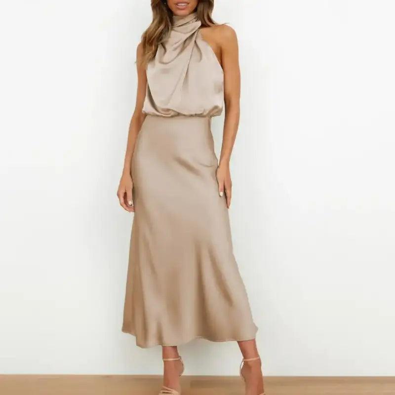 Women Gown Dress Halter Sleeveless Gown Dress Off Shoulder Waist Tight Hip Wrapped Loose Hem Smooth Satin Party Midi Dress - Trendy Mix