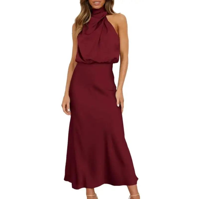 Women Gown Dress Halter Sleeveless Gown Dress Off Shoulder Waist Tight Hip Wrapped Loose Hem Smooth Satin Party Midi Dress - Trendy Mix