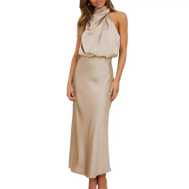 Women Gown Dress Halter Sleeveless Gown Dress Off Shoulder Waist Tight Hip Wrapped Loose Hem Smooth Satin Party Midi Dress - Trendy Mix