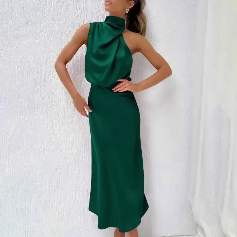 Women Gown Dress Halter Sleeveless Gown Dress Off Shoulder Waist Tight Hip Wrapped Loose Hem Smooth Satin Party Midi Dress - Trendy Mix