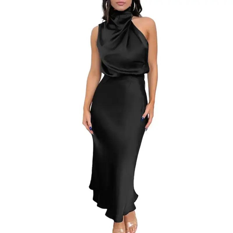 Women Gown Dress Halter Sleeveless Gown Dress Off Shoulder Waist Tight Hip Wrapped Loose Hem Smooth Satin Party Midi Dress - Trendy Mix