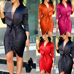 Women Lace-up Solid Color Long Sleeve Midi Dress Shirt Dress Elegant Fashion Party Dress - Trendy Mix