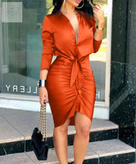 Women Lace-up Solid Color Long Sleeve Midi Dress Shirt Dress Elegant Fashion Party Dress - Trendy Mix