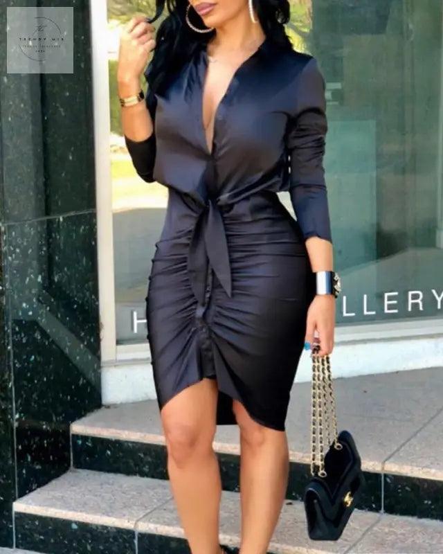 Women Lace-up Solid Color Long Sleeve Midi Dress Shirt Dress Elegant Fashion Party Dress - Trendy Mix