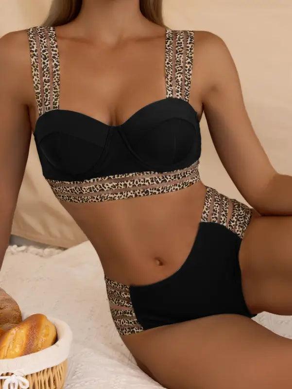 Leopard Print Women's Bikini Set with Ribbon Detail - Trendy Mix