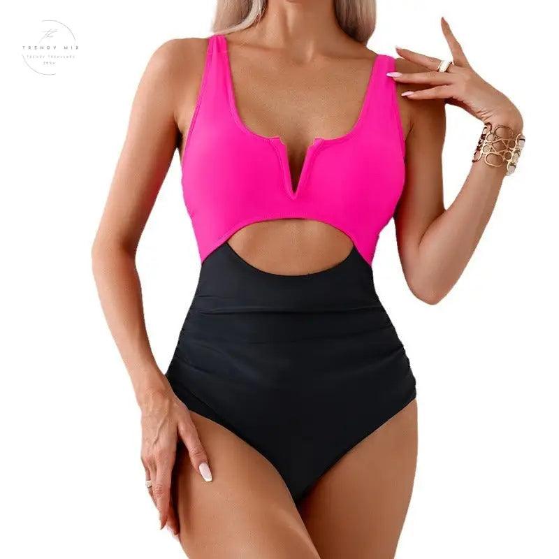 Color-Blocked Women's One-Piece Swimsuit in Multiple Shades - Trendy Mix