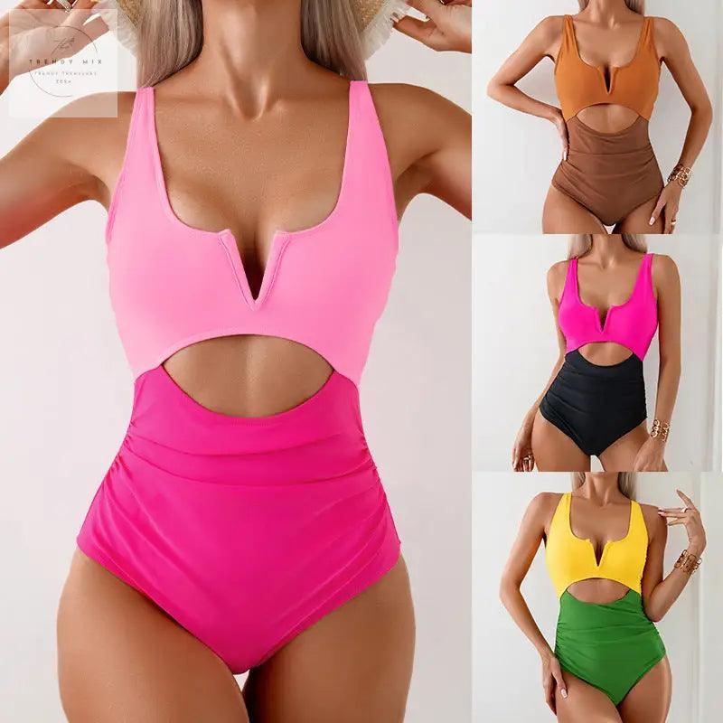 Color-Blocked Women's One-Piece Swimsuit in Multiple Shades - Trendy Mix