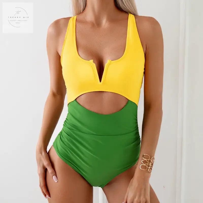 Color-Blocked Women's One-Piece Swimsuit in Multiple Shades - Trendy Mix