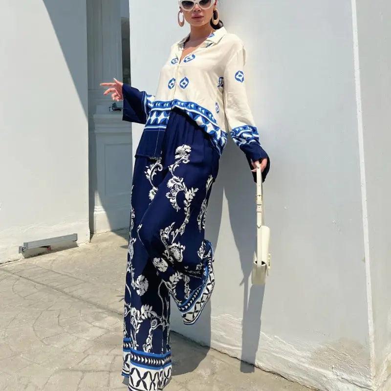 Women’s Fashion Printed Loose Long Sleeves Top Wide Leg Pants Two-piece Set - Trendy Mix