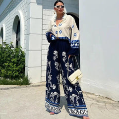 Women’s Fashion Printed Loose Long Sleeves Top Wide Leg Pants Two-piece Set - Trendy Mix