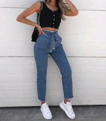 Women’s Jeans Flowerbed High Waist Belted Jeans Women - Trendy Mix