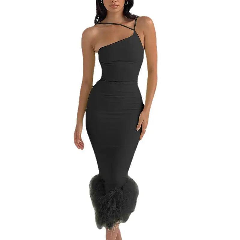 Women’s High Waist One-Shoulder Fur Halter Dress - Trendy Mix