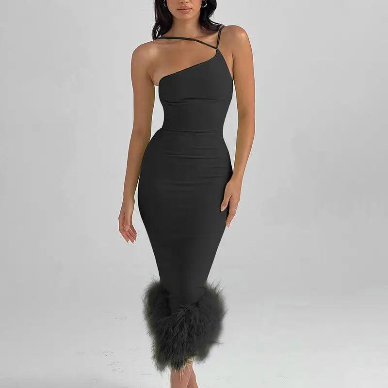 Women’s High Waist One-Shoulder Fur Halter Dress - Trendy Mix