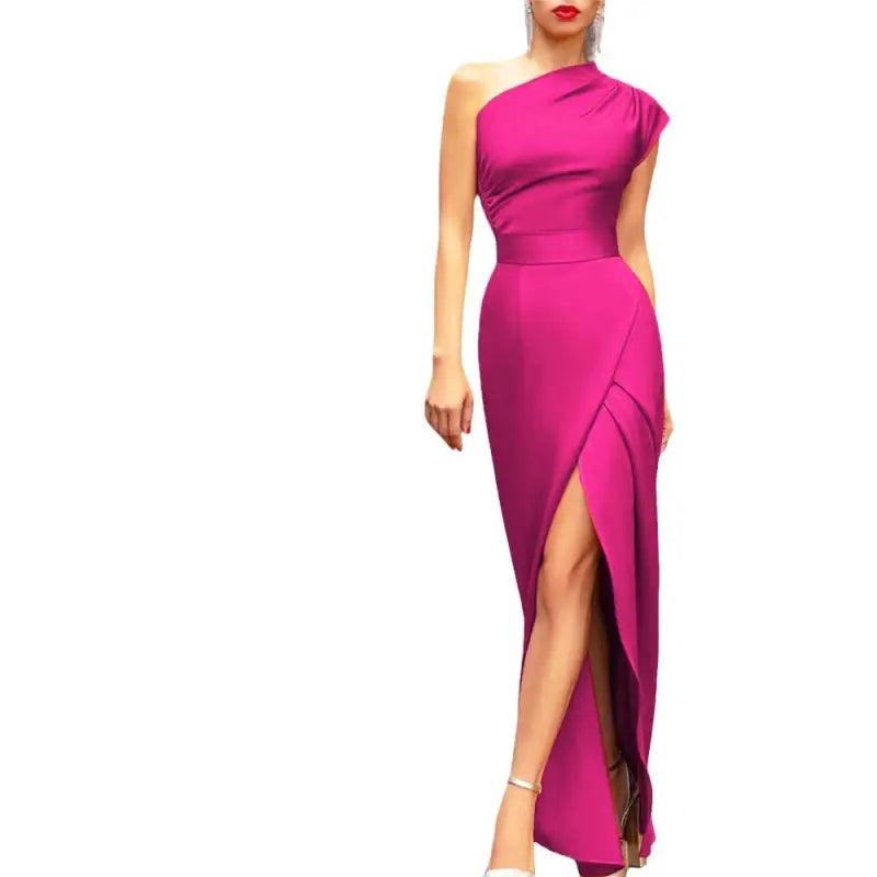 Women’s One-shoulder High Waist Front Slit Temperament Dress - Trendy Mix