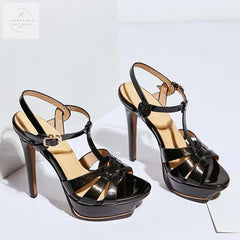 Chic Women's Buckle Sandals with High Heel Platforms in Leather - Trendy Mix