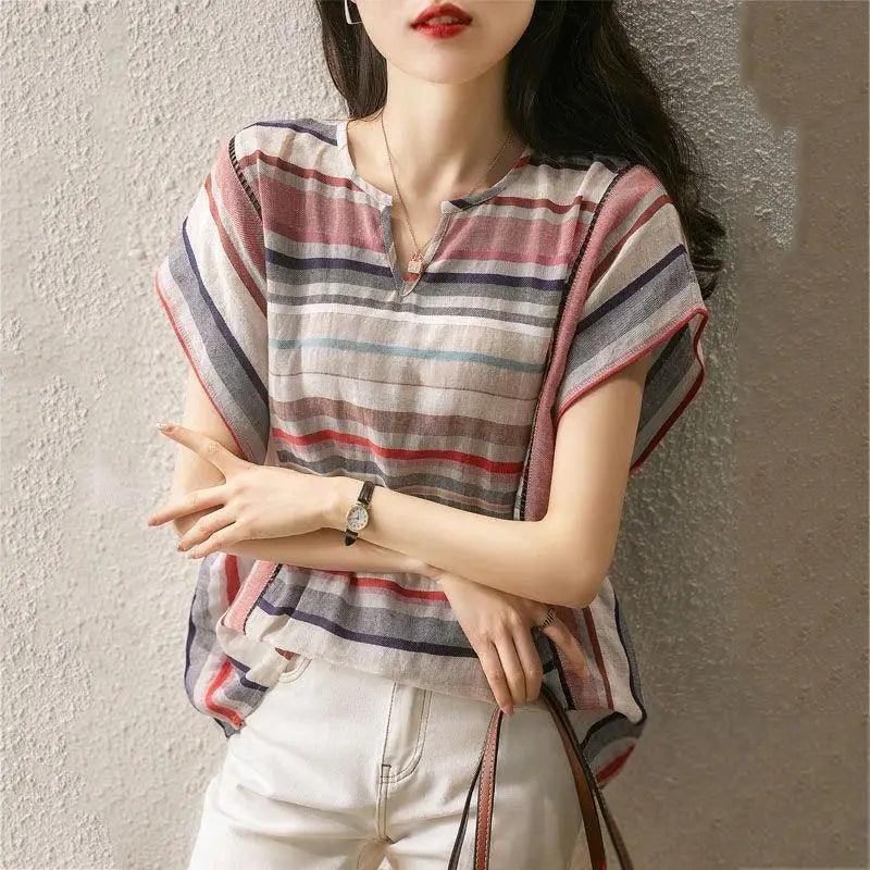 Women’s Striped Shirt Korean Style Loose Cotton Linen Shirt - Trendy Mix