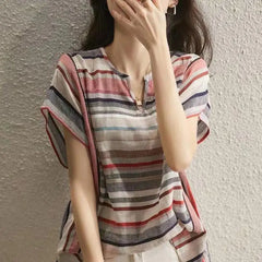 Women’s Striped Shirt Korean Style Loose Cotton Linen Shirt - Trendy Mix