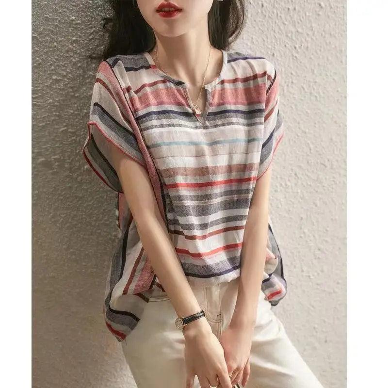 Women’s Striped Shirt Korean Style Loose Cotton Linen Shirt - Trendy Mix