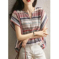 Women’s Striped Shirt Korean Style Loose Cotton Linen Shirt - Trendy Mix