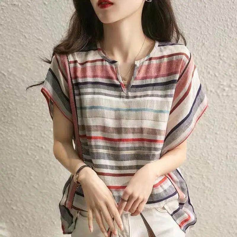 Women’s Striped Shirt Korean Style Loose Cotton Linen Shirt - Trendy Mix