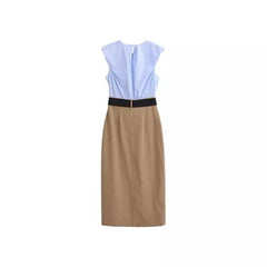 Women’s Sweet Fresh Elegant Holiday Wind Belt Belt Contrast Color Midi Skirt Dress - Trendy Mix