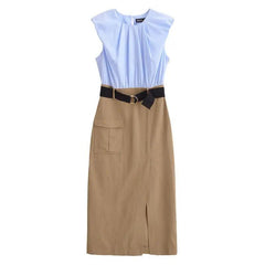 Women’s Sweet Fresh Elegant Holiday Wind Belt Belt Contrast Color Midi Skirt Dress - Trendy Mix