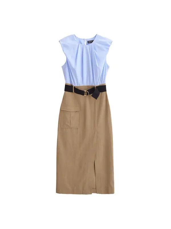 Women’s Sweet Fresh Elegant Holiday Wind Belt Belt Contrast Color Midi Skirt Dress - Trendy Mix