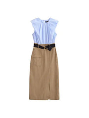 Women’s Sweet Fresh Elegant Holiday Wind Belt Belt Contrast Color Midi Skirt Dress - Trendy Mix