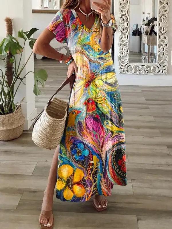 Women’s V-neck Short Sleeve Multi-color Printing Dress - Trendy Mix